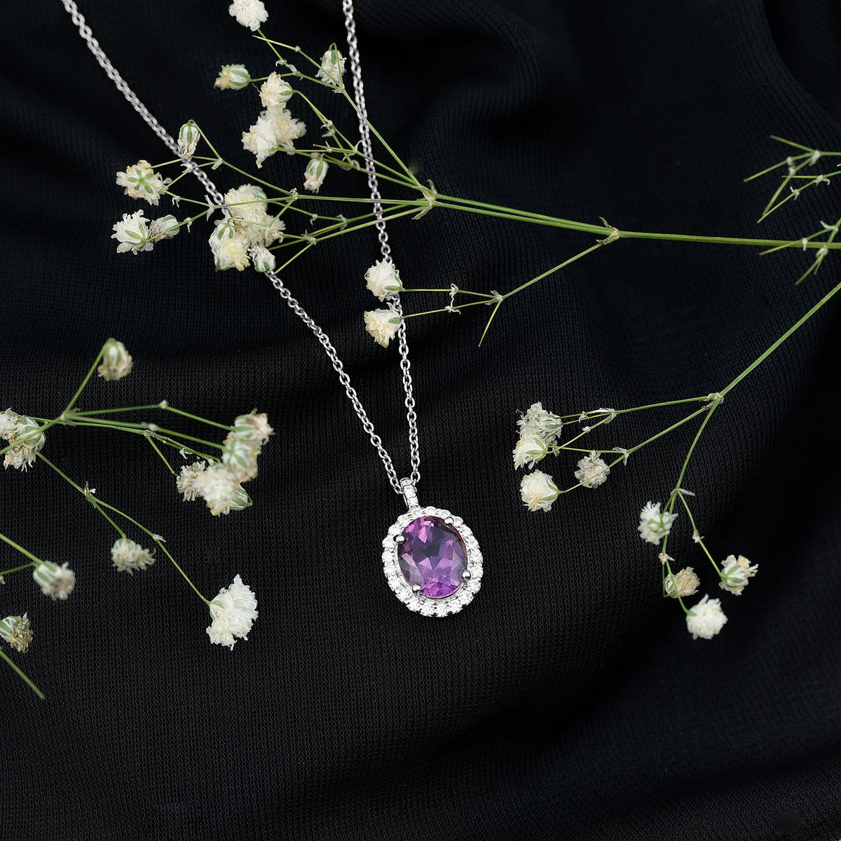 2.50 Carat Oval Amethyst & Moissanite Halo Necklace