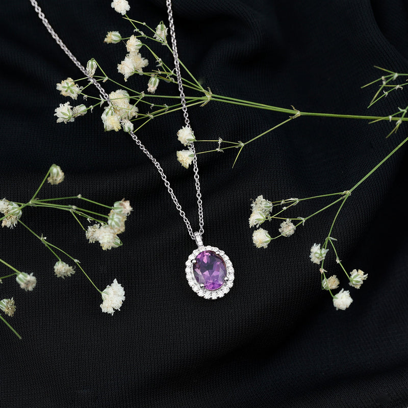 2.50 Carat Oval Amethyst & Moissanite Halo Necklace