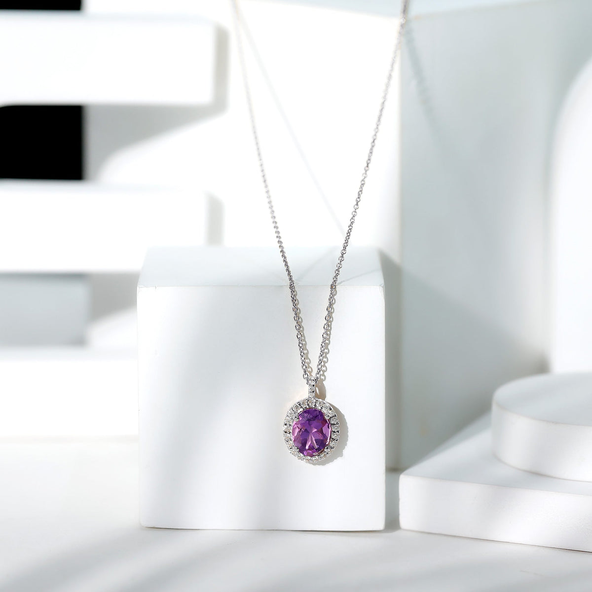 2.50 Carat Oval Amethyst & Moissanite Halo Necklace