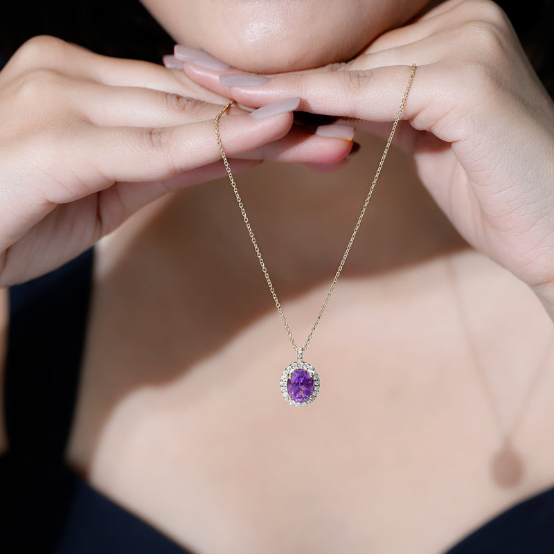 2.50 Carat Oval Amethyst & Moissanite Halo Necklace