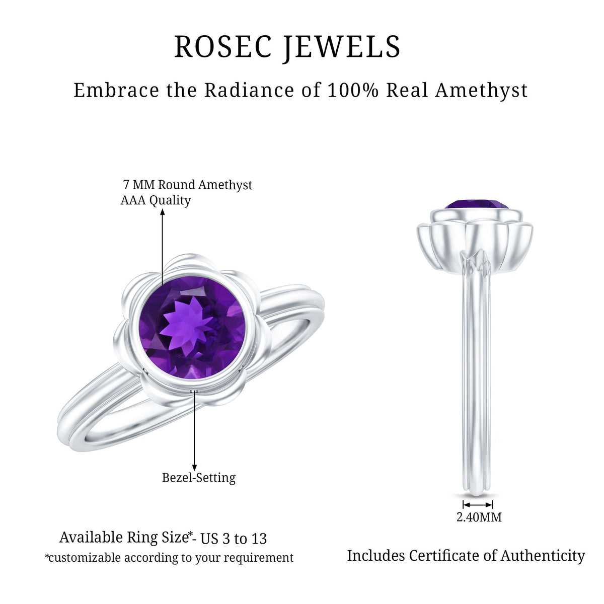1 Carat Amethyst Engagement Ring in Bezel Setting