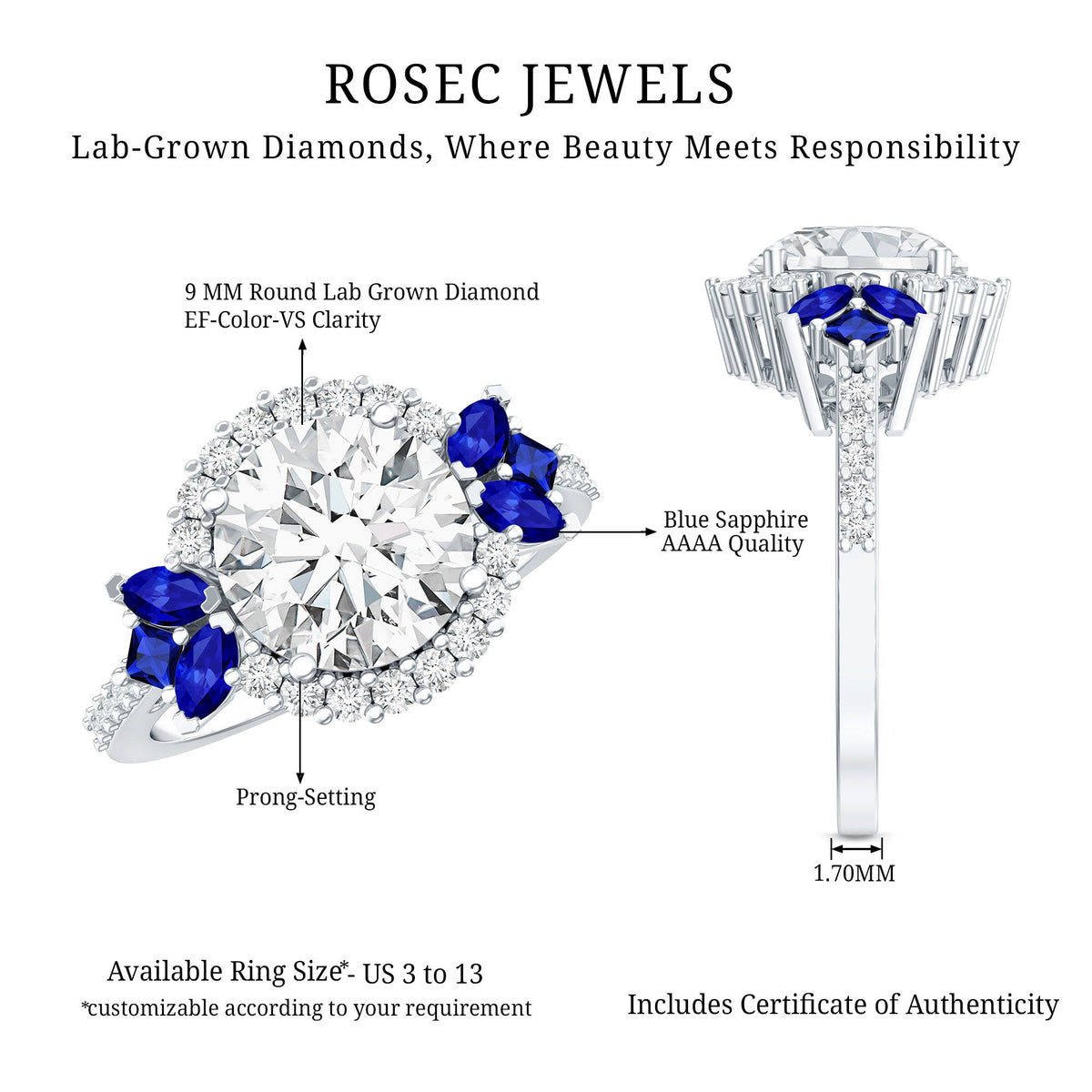 3 Carat Lab-Grown Diamond & Lab-Created Blue Sapphire Halo Ring
