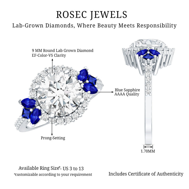 3 Carat Lab-Grown Diamond & Lab-Created Blue Sapphire Halo Ring