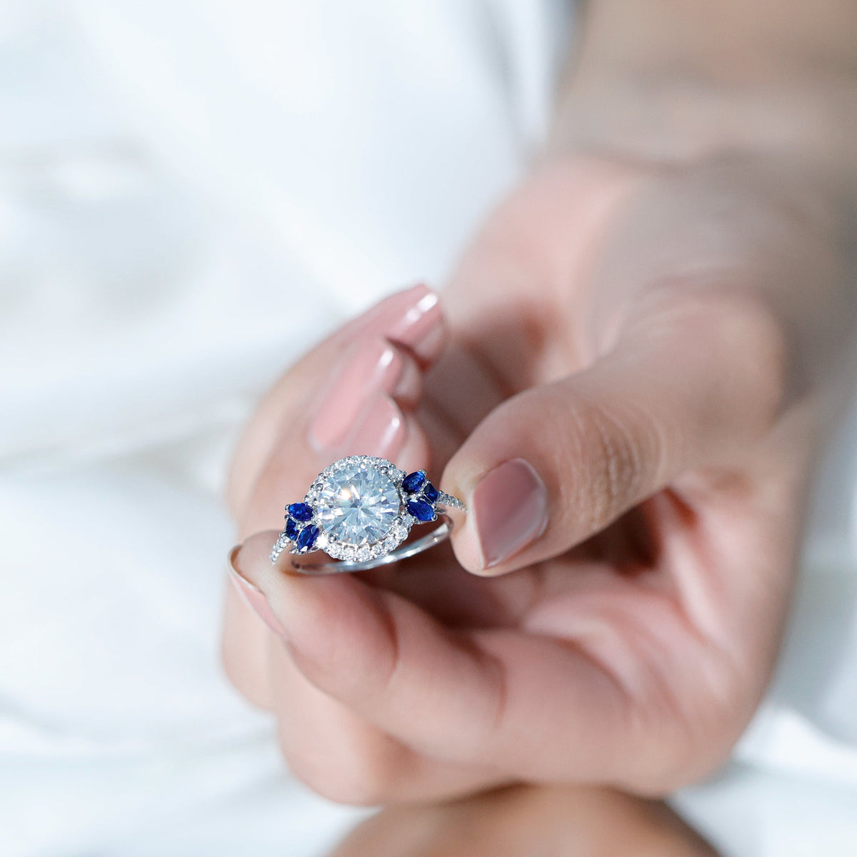 3 Carat Lab-Grown Diamond & Lab-Created Blue Sapphire Halo Ring