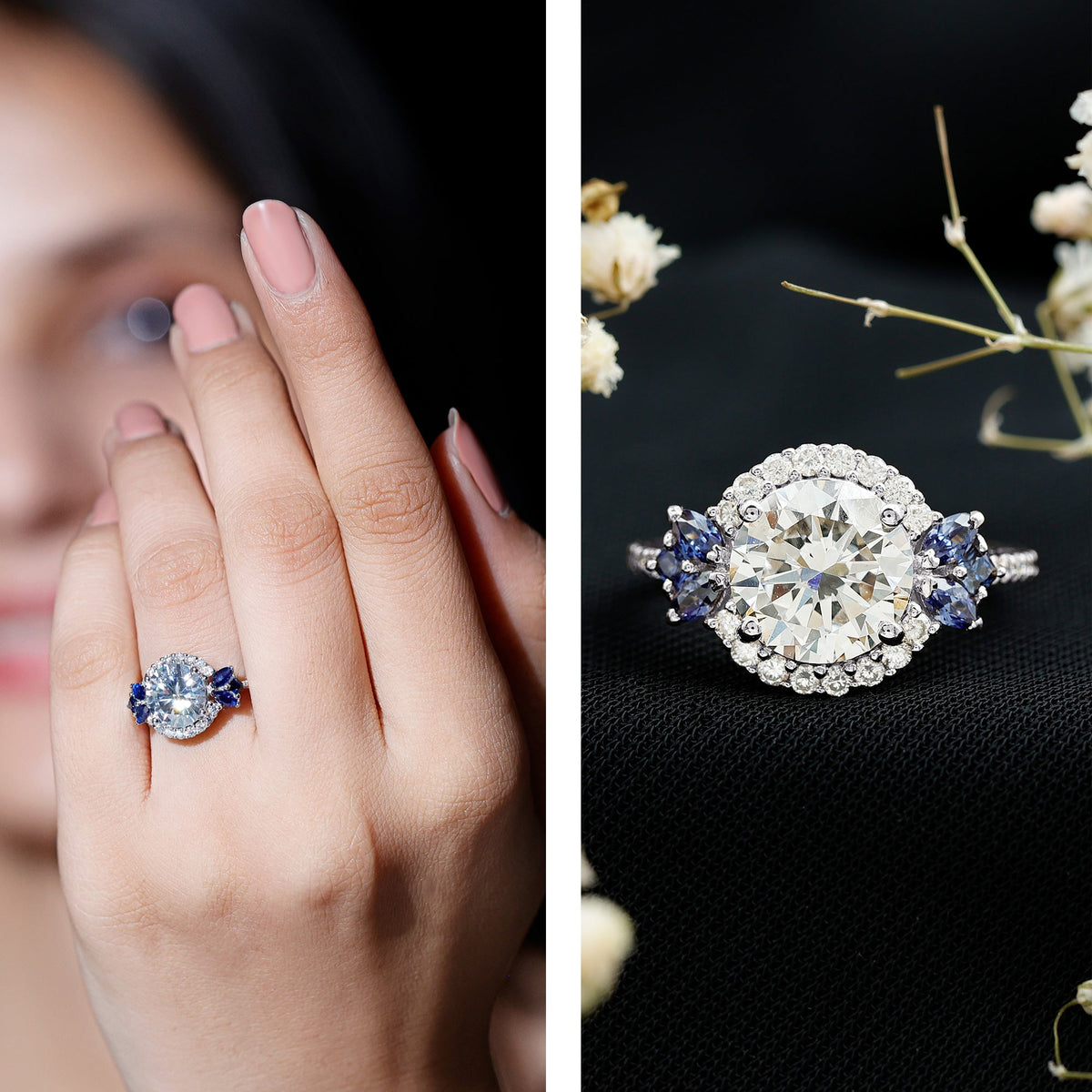 3 Carat Lab-Grown Diamond & Lab-Created Blue Sapphire Halo Ring