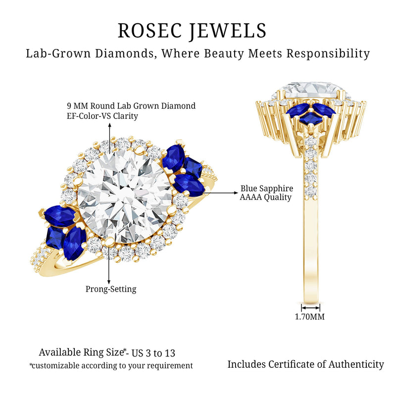 3 Carat Lab-Grown Diamond & Lab-Created Blue Sapphire Halo Ring
