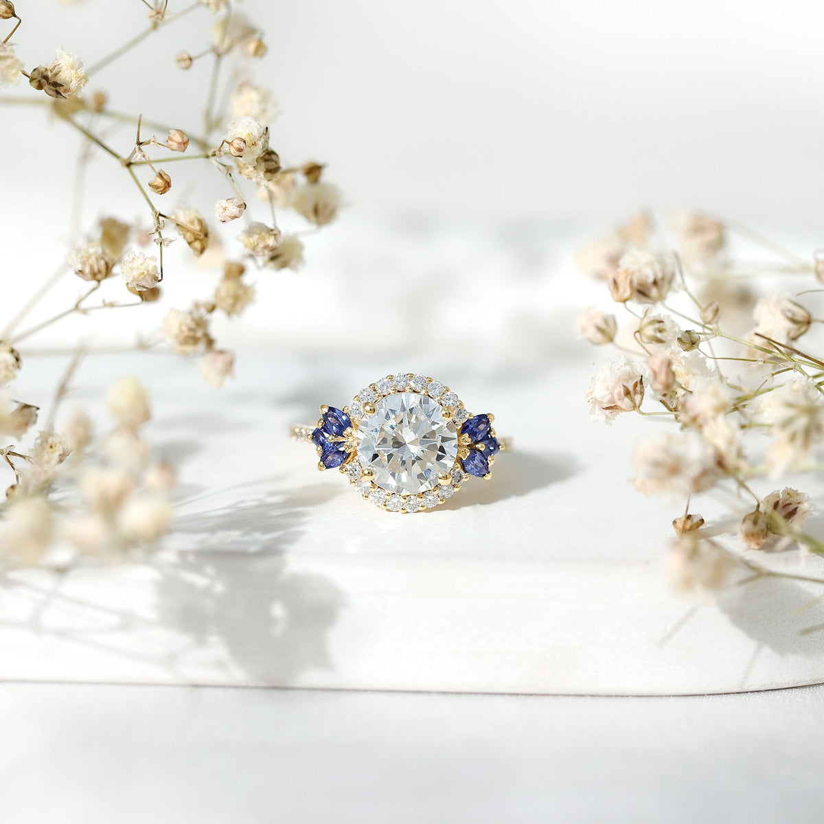 3 Carat Lab-Grown Diamond & Lab-Created Blue Sapphire Halo Ring