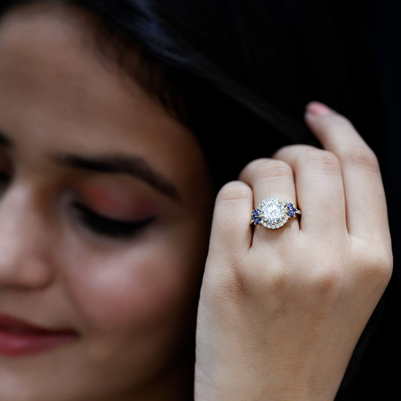 3 Carat Lab-Grown Diamond & Lab-Created Blue Sapphire Halo Ring