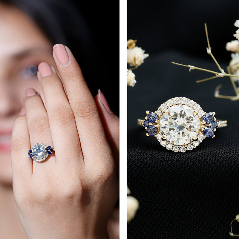 3 Carat Lab-Grown Diamond & Lab-Created Blue Sapphire Halo Ring