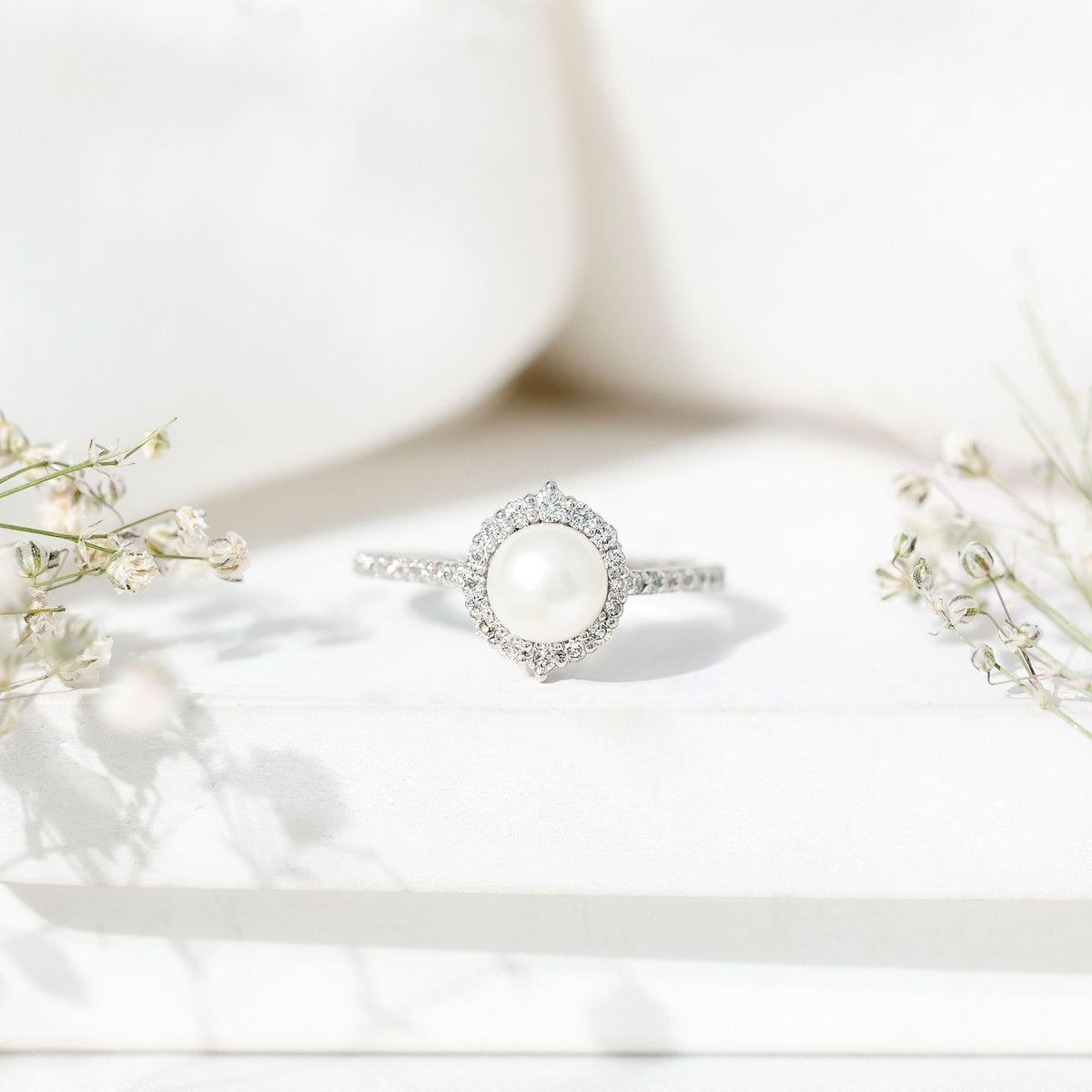 Freshwater Pearl & Diamond Halo Engagement Ring