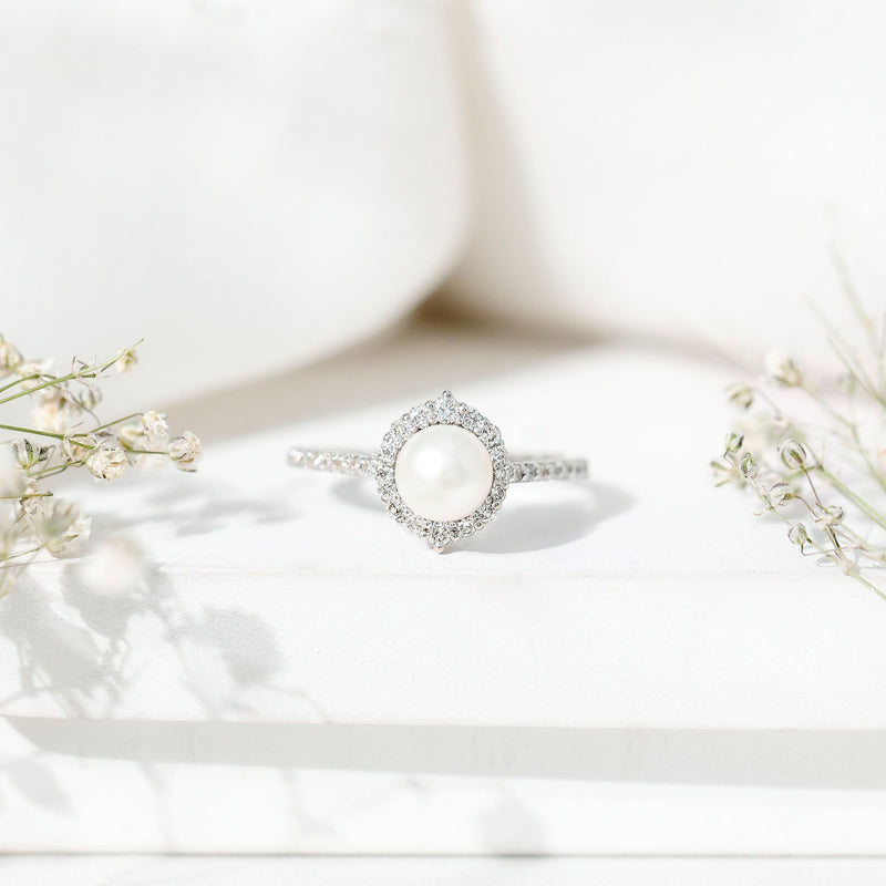 Freshwater Pearl & Diamond Halo Engagement Ring
