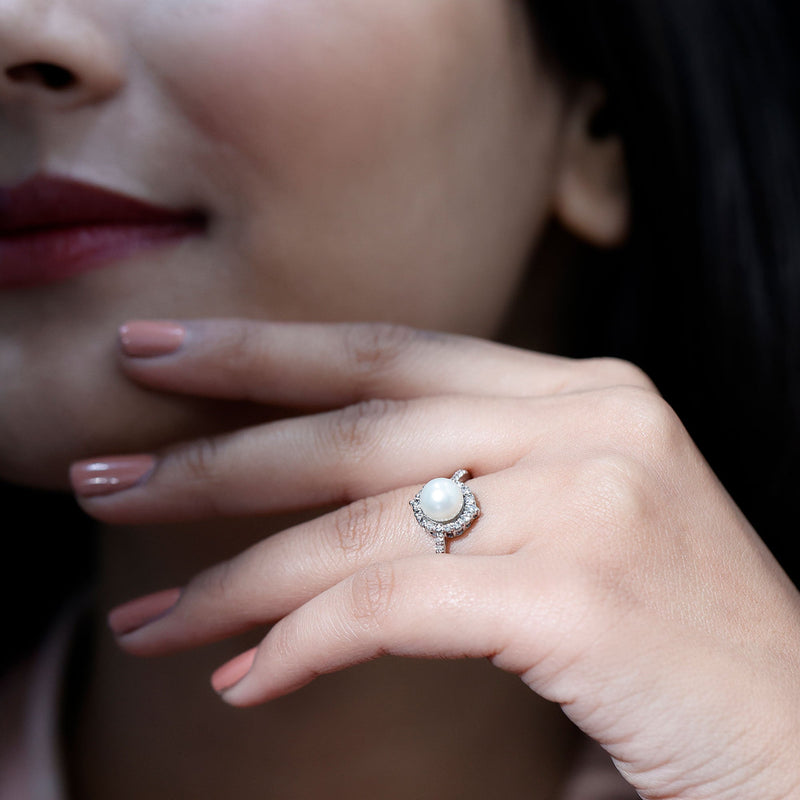 Freshwater Pearl & Diamond Halo Engagement Ring