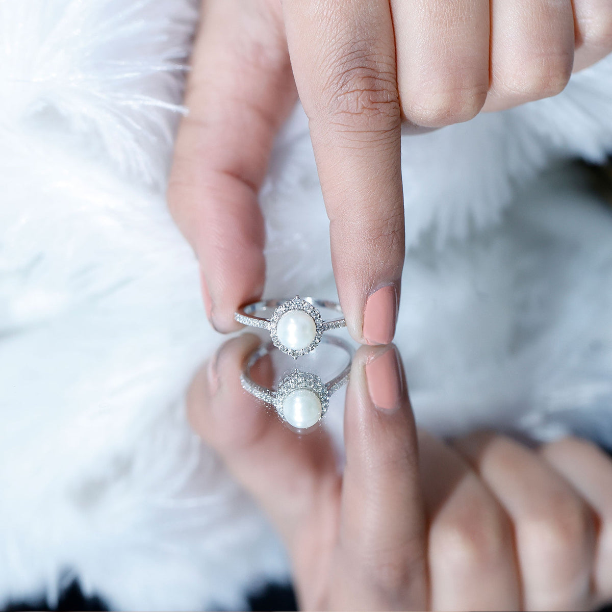 Freshwater Pearl & Diamond Halo Engagement Ring