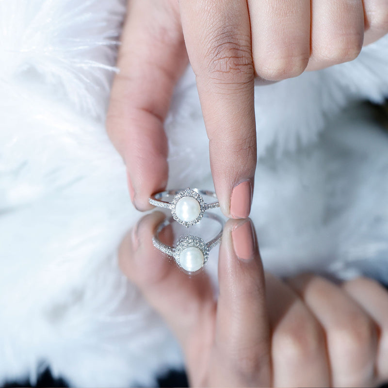 Freshwater Pearl & Diamond Halo Engagement Ring