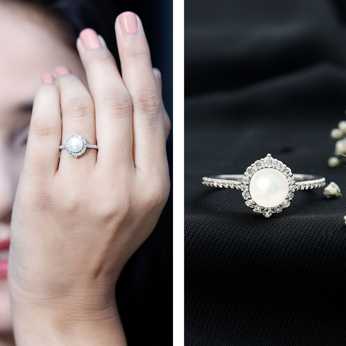 Freshwater Pearl & Diamond Halo Engagement Ring