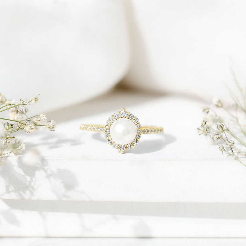 Freshwater Pearl & Diamond Halo Engagement Ring