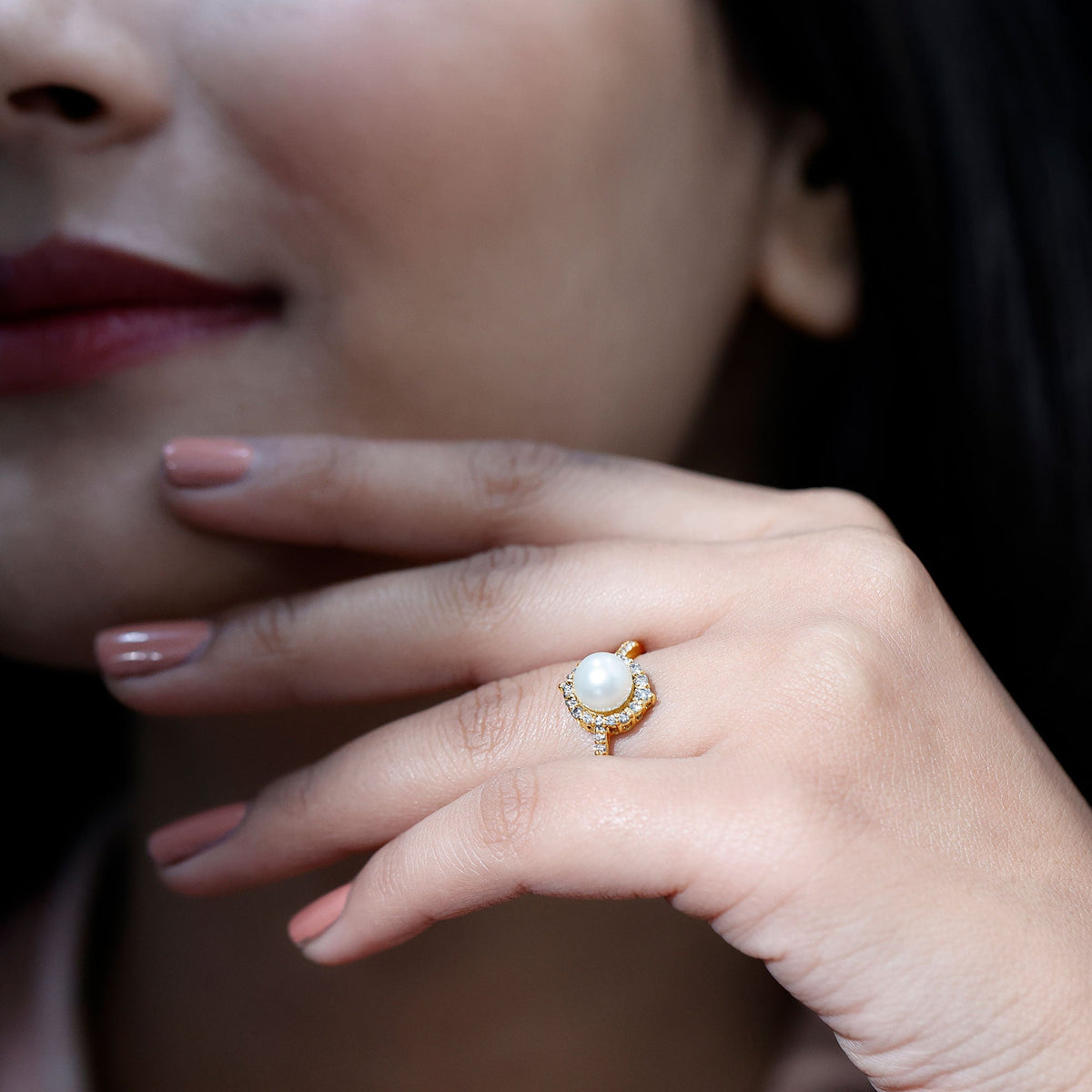 Freshwater Pearl & Diamond Halo Engagement Ring