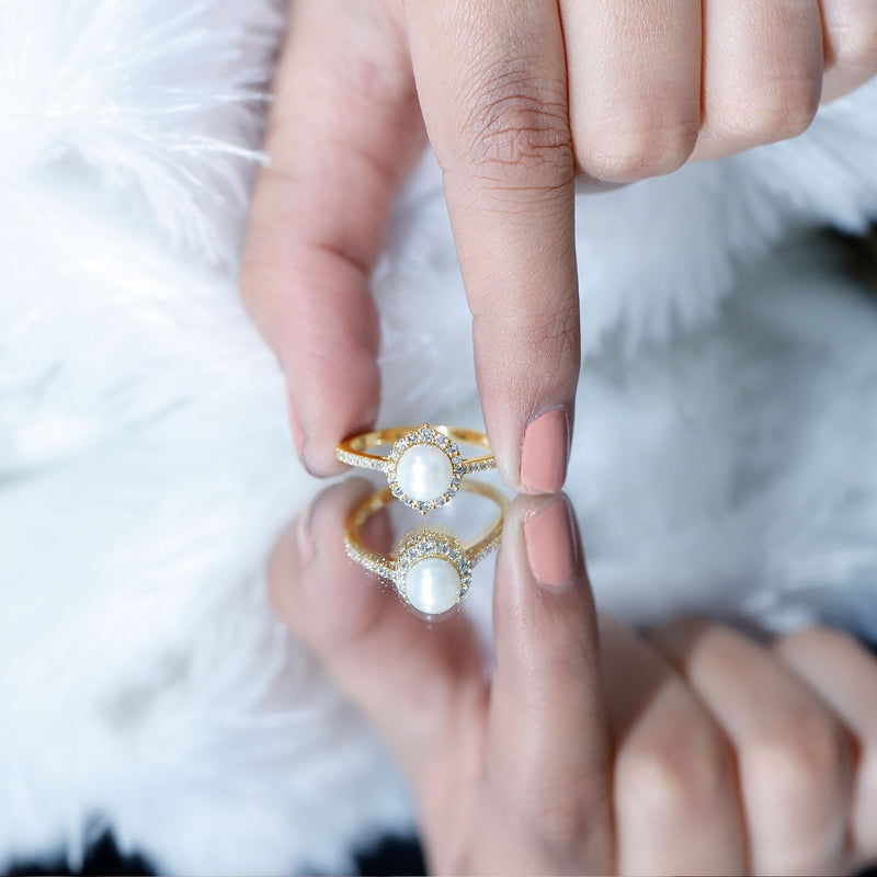 Freshwater Pearl & Diamond Halo Engagement Ring