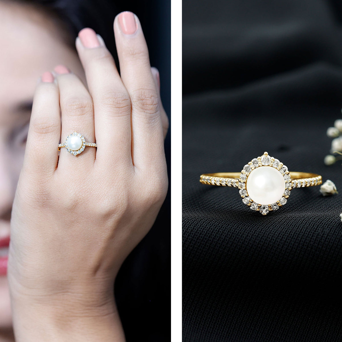 Freshwater Pearl & Diamond Halo Engagement Ring