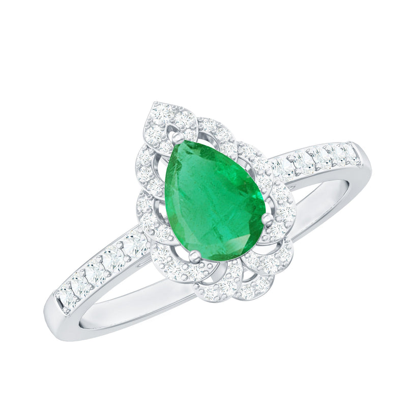 Pear-Shaped Emerald Nature Engagement Ring with Diamond