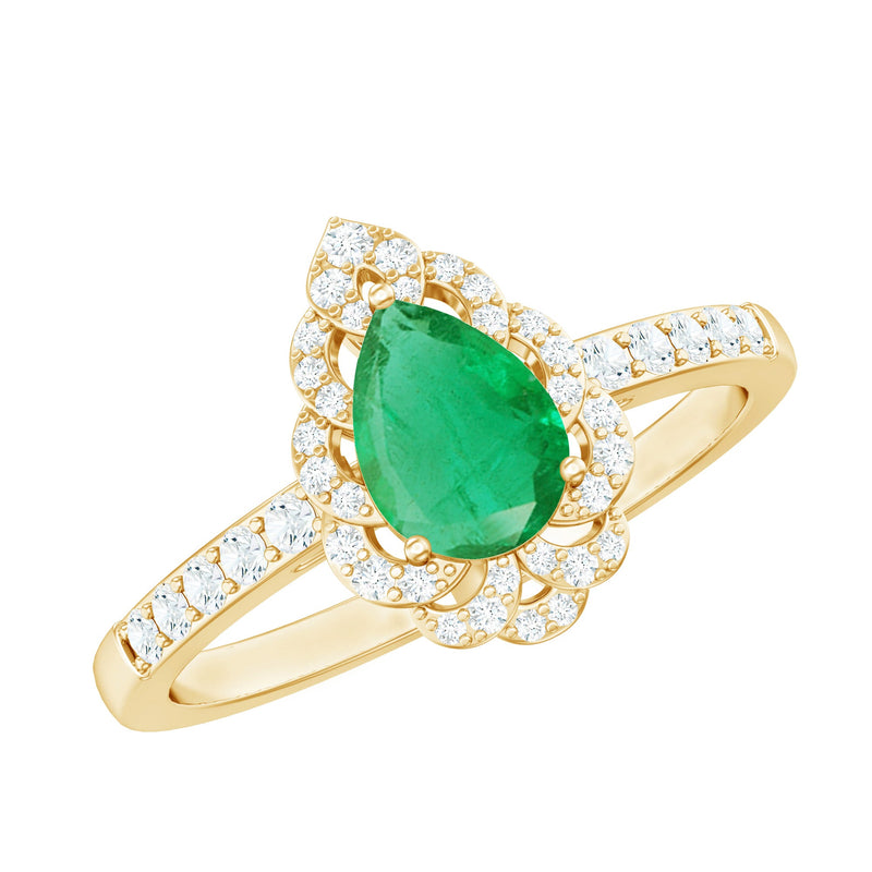 Pear-Shaped Emerald Nature Engagement Ring with Diamond