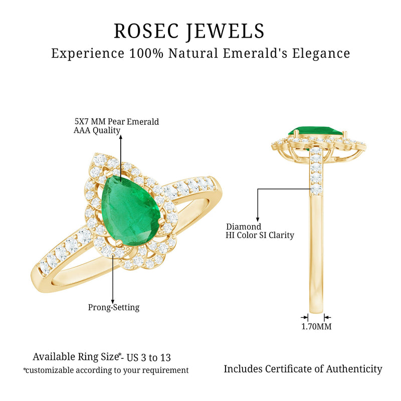 Pear-Shaped Emerald Nature Engagement Ring with Diamond