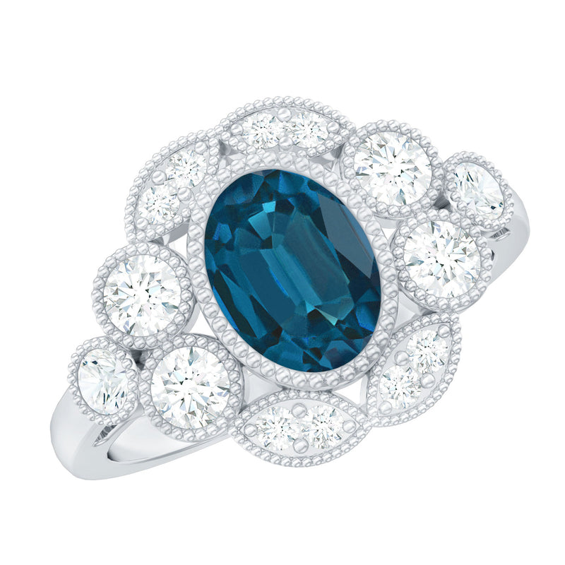 London Blue Oval Topaz & Diamond Vintage Ring
