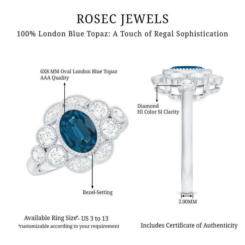 London Blue Oval Topaz & Diamond Vintage Ring