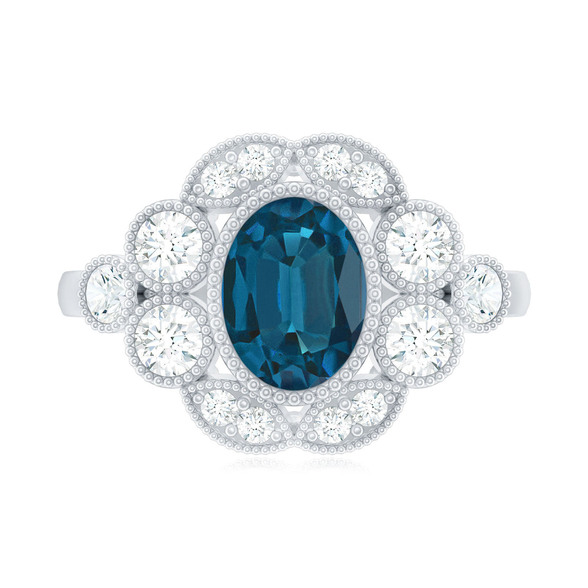 London Blue Oval Topaz & Diamond Vintage Ring