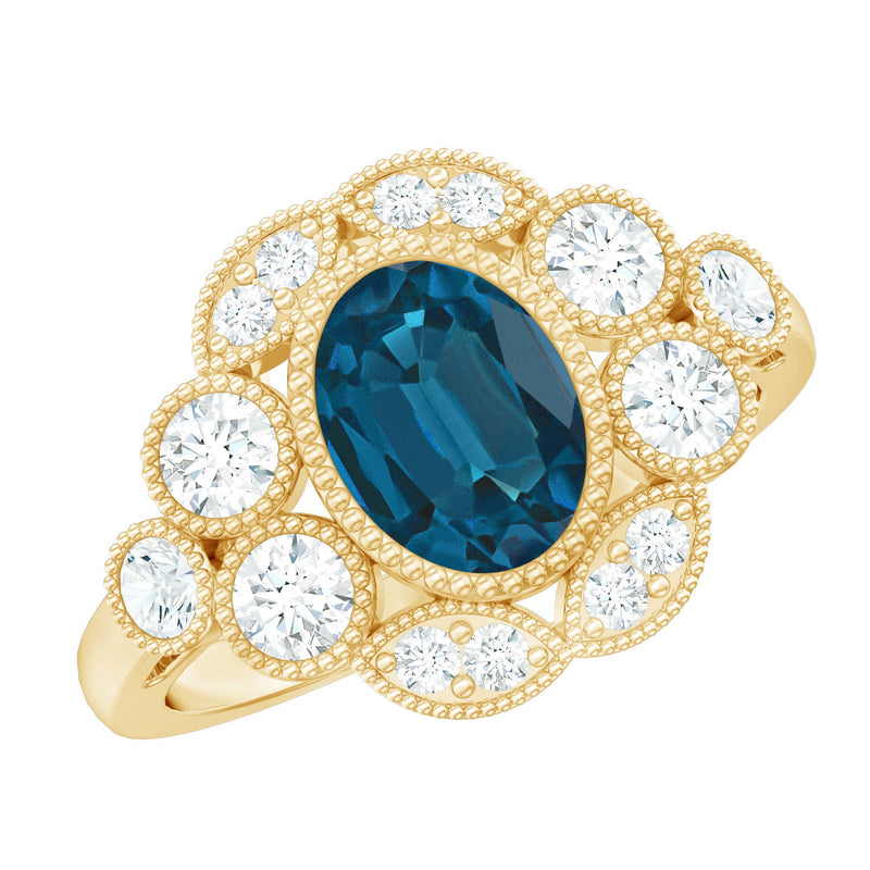 London Blue Oval Topaz & Diamond Vintage Ring