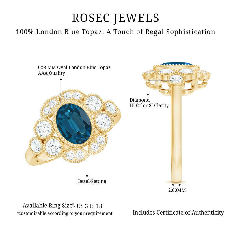 London Blue Oval Topaz & Diamond Vintage Ring
