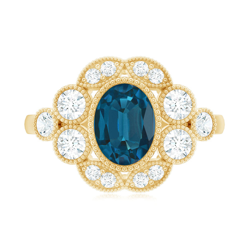 London Blue Oval Topaz & Diamond Vintage Ring