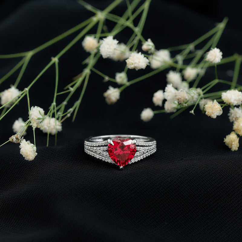 Heart-Shaped Lab-Created Ruby & Diamond Engagement Ring