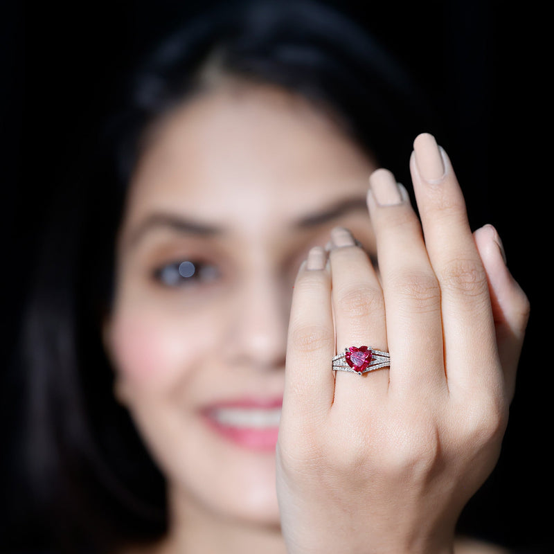 Heart-Shaped Lab-Created Ruby & Diamond Engagement Ring