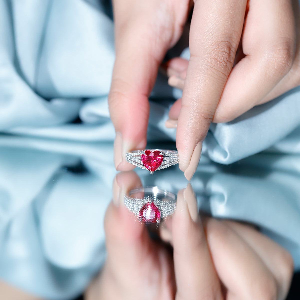 Heart-Shaped Lab-Created Ruby & Diamond Engagement Ring