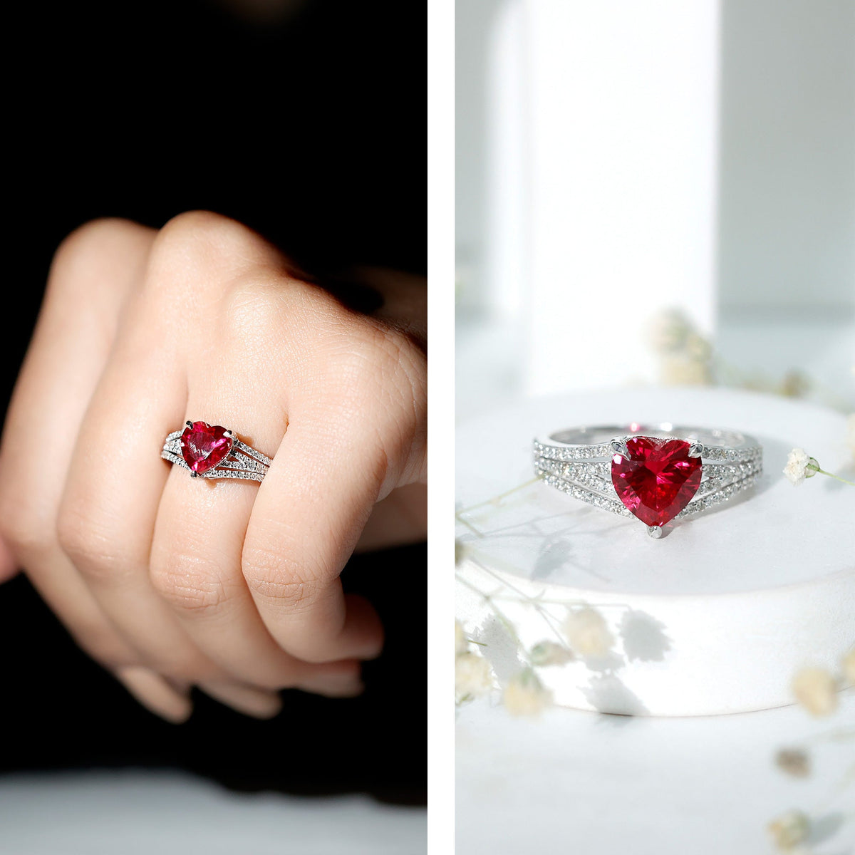 Heart-Shaped Lab-Created Ruby & Diamond Engagement Ring