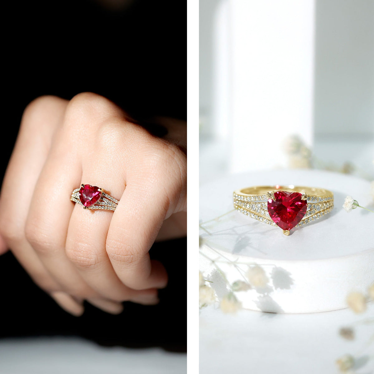 Heart-Shaped Lab-Created Ruby & Diamond Engagement Ring