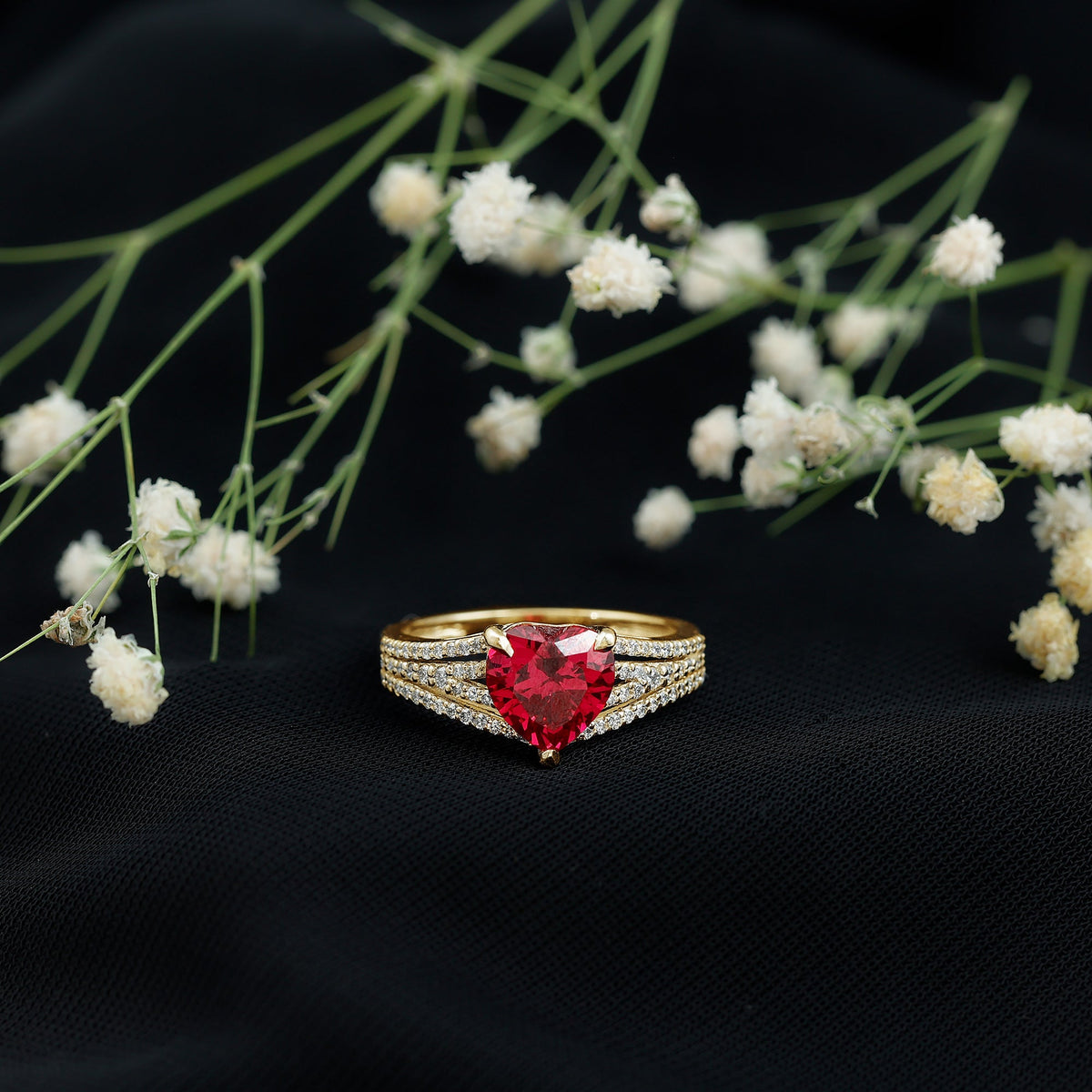Heart-Shaped Lab-Created Ruby & Diamond Engagement Ring