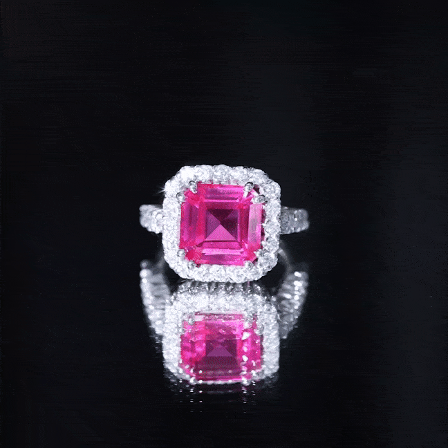 6.75 Carat Asscher Lab-Created Pink Sapphire & Moissanite Halo Ring