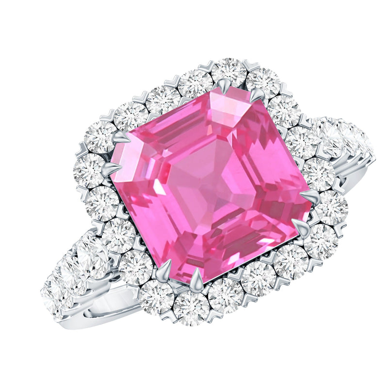 6.75 Carat Asscher Lab-Created Pink Sapphire & Moissanite Halo Ring