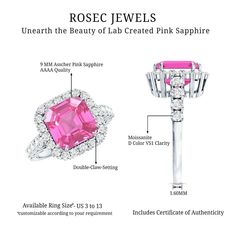6.75 Carat Asscher Lab-Created Pink Sapphire & Moissanite Halo Ring