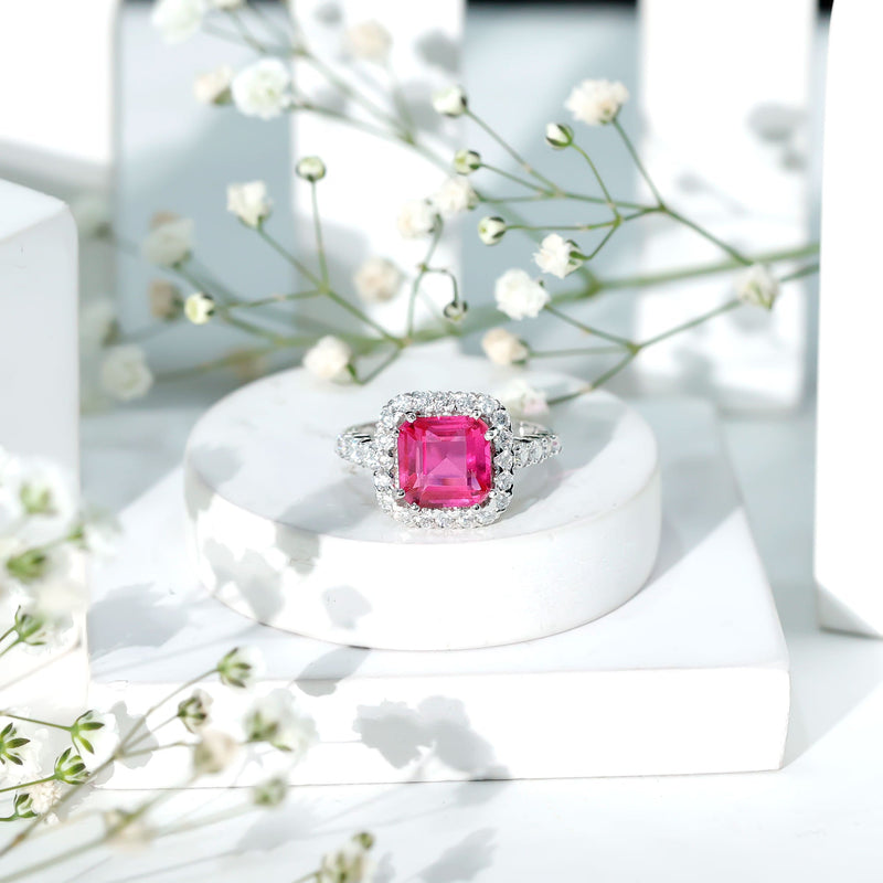 6.75 Carat Asscher Lab-Created Pink Sapphire & Moissanite Halo Ring