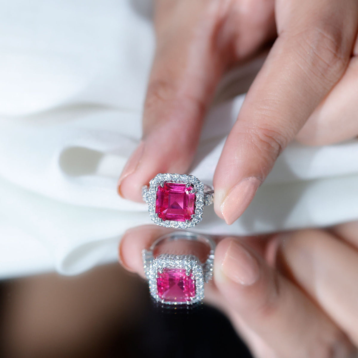6.75 Carat Asscher Lab-Created Pink Sapphire & Moissanite Halo Ring