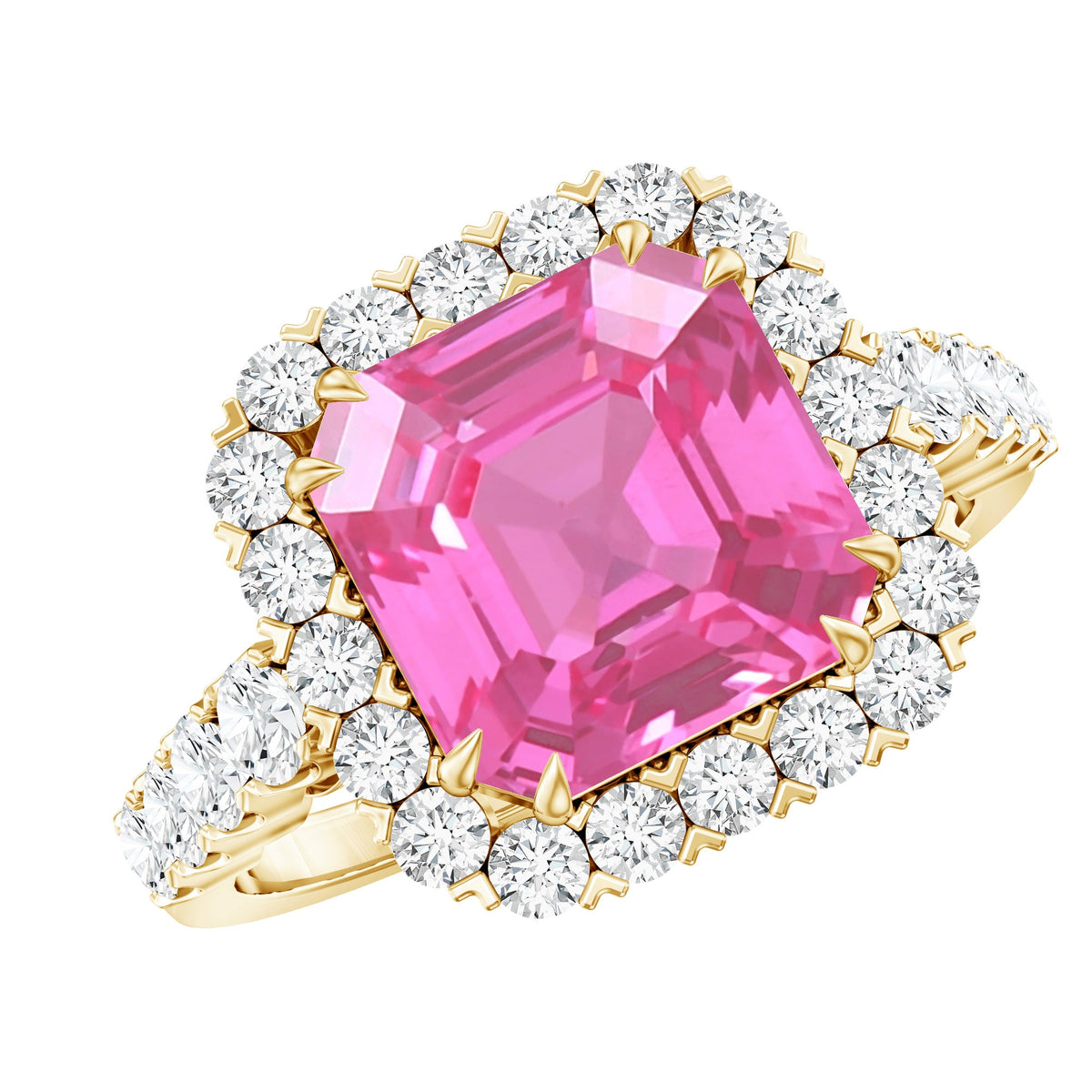 6.75 Carat Asscher Lab-Created Pink Sapphire & Moissanite Halo Ring
