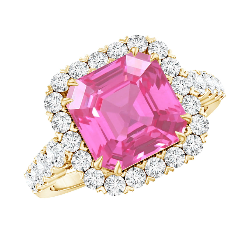 6.75 Carat Asscher Lab-Created Pink Sapphire & Moissanite Halo Ring