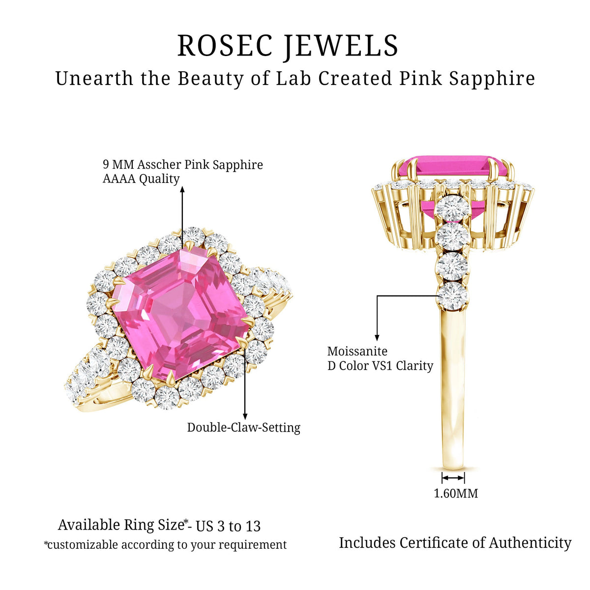 6.75 Carat Asscher Lab-Created Pink Sapphire & Moissanite Halo Ring