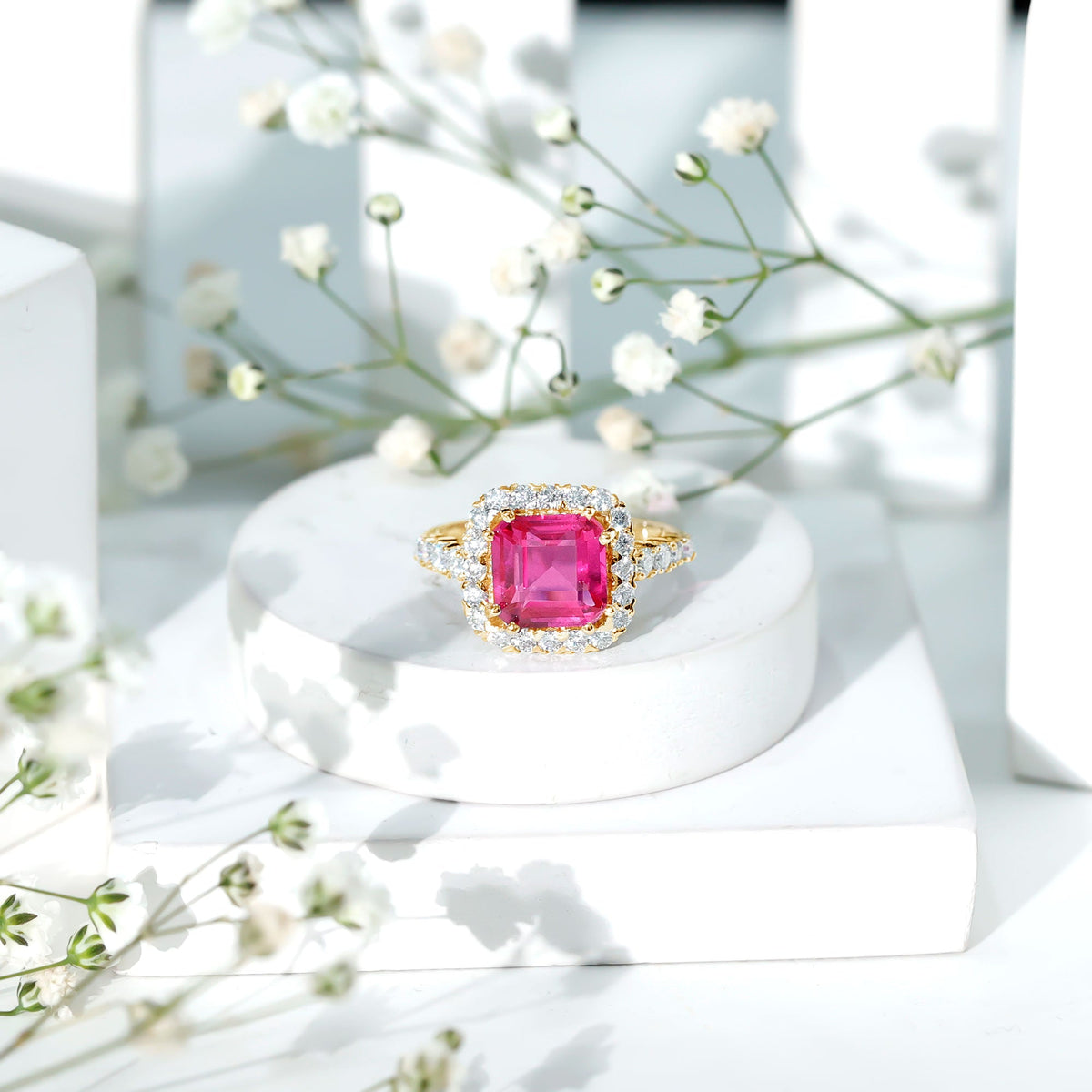 6.75 Carat Asscher Lab-Created Pink Sapphire & Moissanite Halo Ring