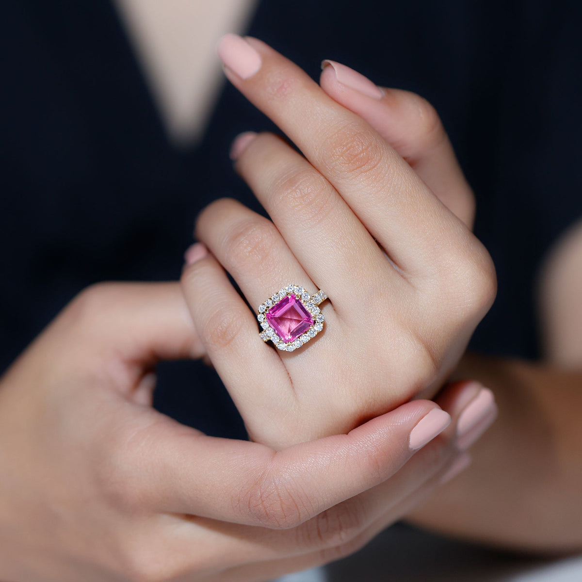 6.75 Carat Asscher Lab-Created Pink Sapphire & Moissanite Halo Ring