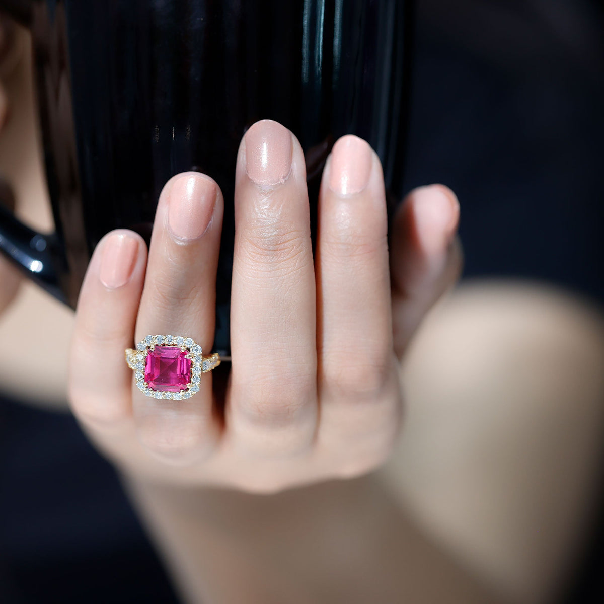6.75 Carat Asscher Lab-Created Pink Sapphire & Moissanite Halo Ring