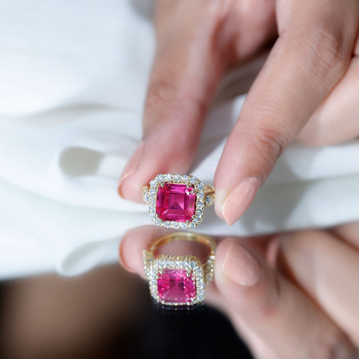 6.75 Carat Asscher Lab-Created Pink Sapphire & Moissanite Halo Ring